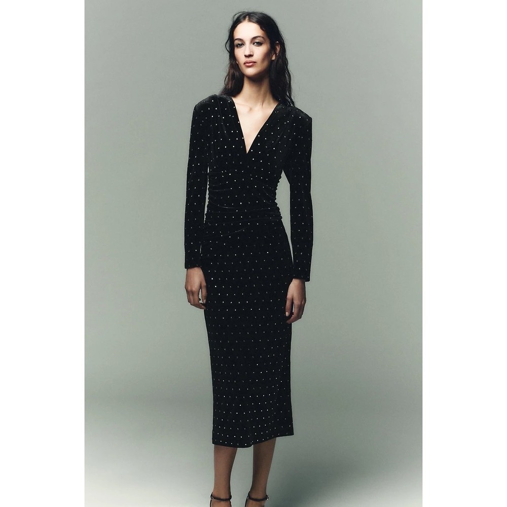 Zara Black Velvet Rhinestone Midi Dress V-Neck Ruched 7969/259/800 XS